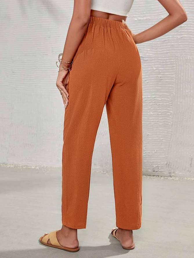 Linen Casual Plain High Waist Tie Front Tapered Pants