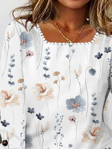Plus size Floral Casual Lace Buttoned T-Shirt
