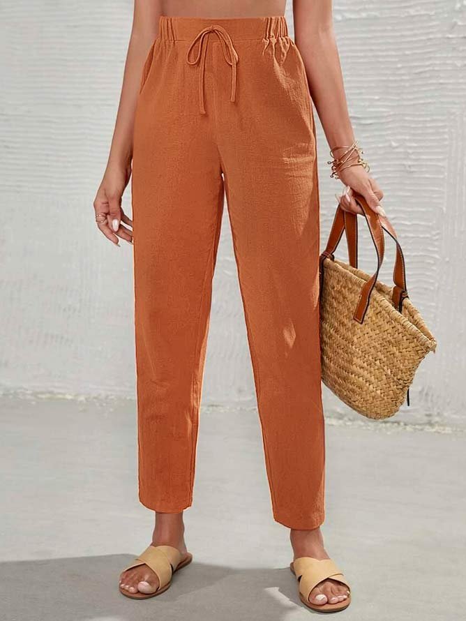 Linen Casual Plain High Waist Tie Front Tapered Pants