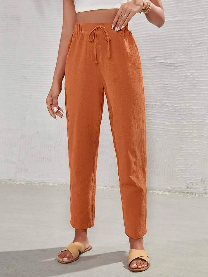 Linen Casual Plain High Waist Tie Front Tapered Pants