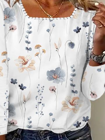 Plus size Floral Casual Lace Buttoned T-Shirt