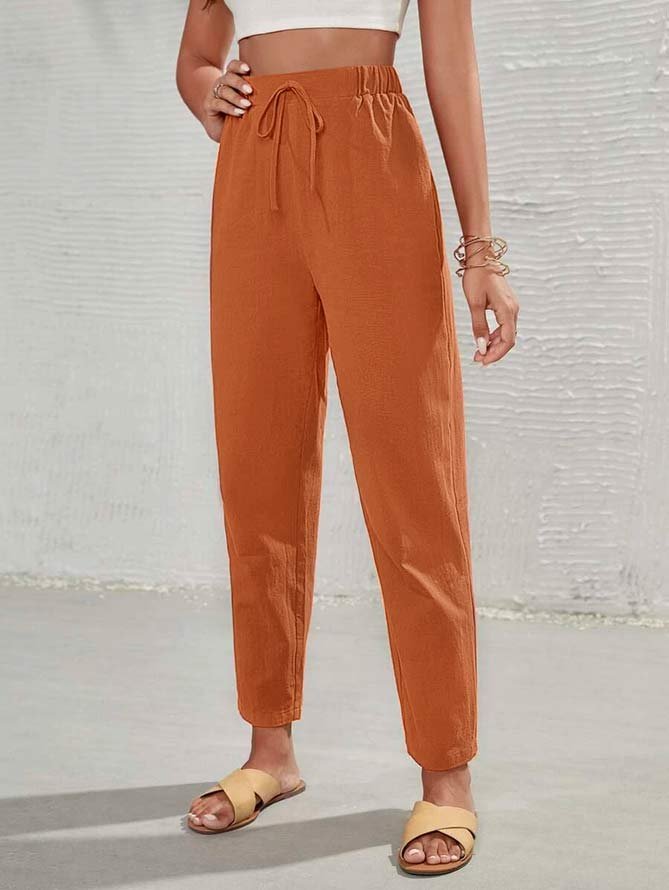 Linen Casual Plain High Waist Tie Front Tapered Pants