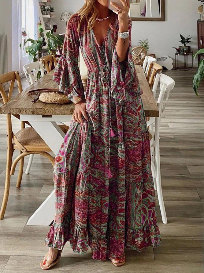 Elegant Holiday Abstract Pattern Flared Ruffle Long Dress V Neck Dress