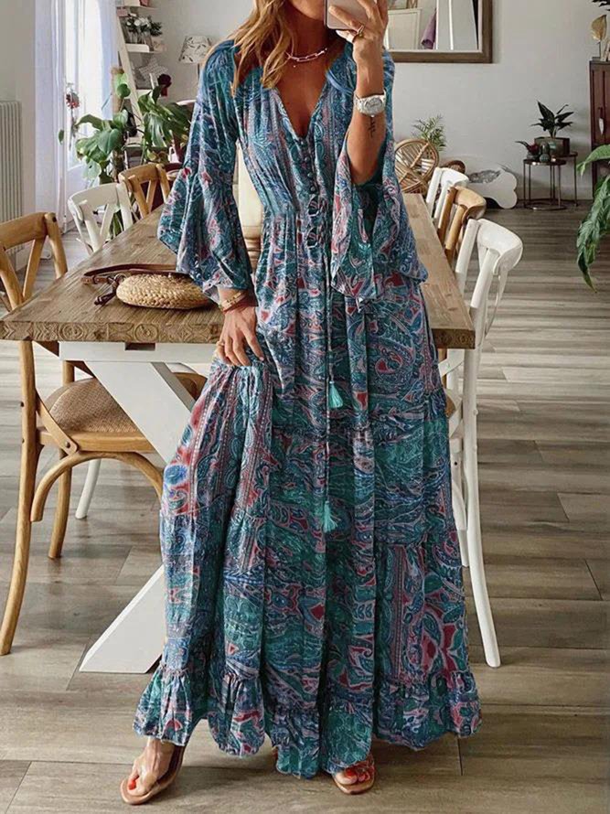 Elegant Holiday Abstract Pattern Flared Ruffle Long Dress V Neck Dress