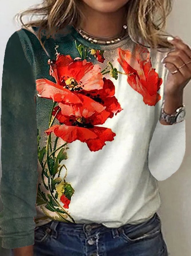Plus Size Floral Casual Crew Neck Loose T-Shirt