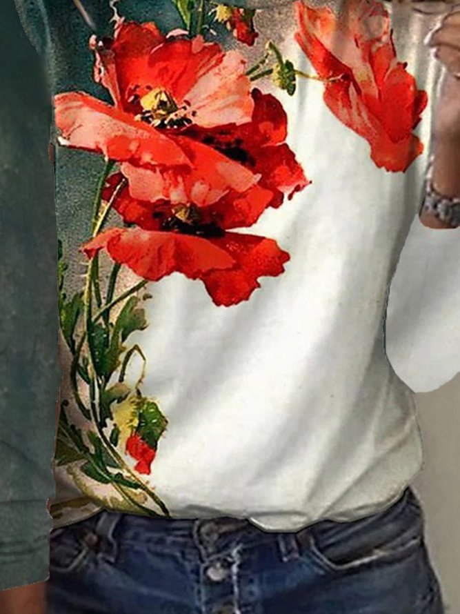 Plus Size Floral Casual Crew Neck Loose T-Shirt