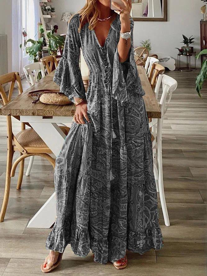 Elegant Holiday Abstract Pattern Flared Ruffle Long Dress V Neck Dress