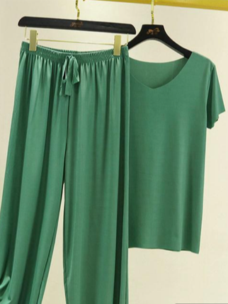 Plain Casual Short Sleeve V Neck Top With Pants Two-Piece Set