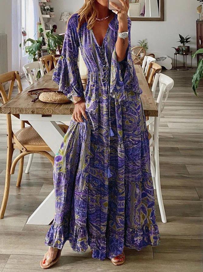 Elegant Holiday Abstract Pattern Flared Ruffle Long Dress V Neck Dress