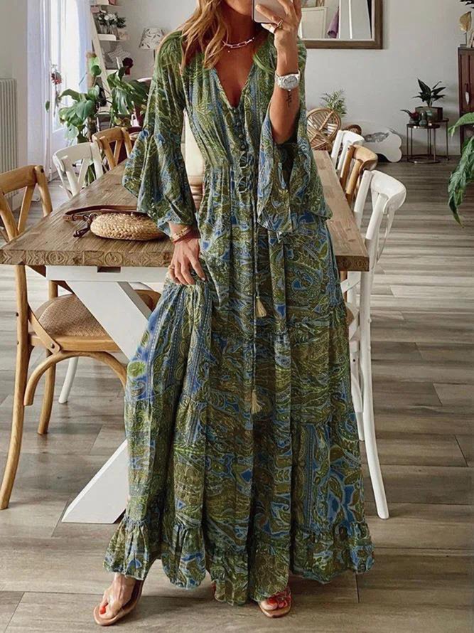 Elegant Holiday Abstract Pattern Flared Ruffle Long Dress V Neck Dress