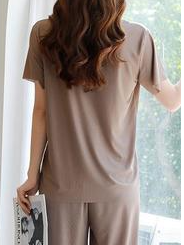 Plain Casual Short Sleeve V Neck Top With Pants Two-Piece Set
