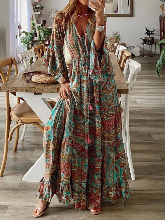 Elegant Holiday Abstract Pattern Flared Ruffle Long Dress V Neck Dress