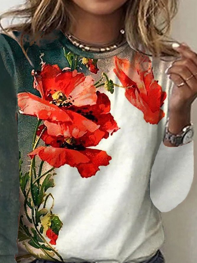 Plus Size Floral Casual Crew Neck Loose T-Shirt