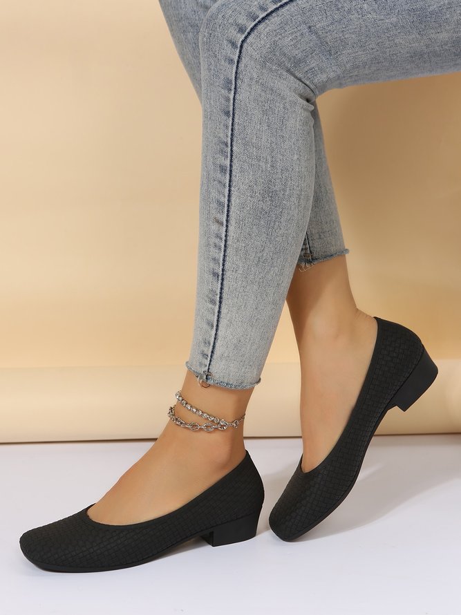 Elegant Geometric Embossed Square Toe Low Heel Shallow Shoes