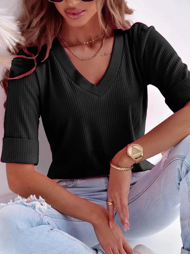 Plus Size & Curve Summer Casual V Neck Plain T-Shirt