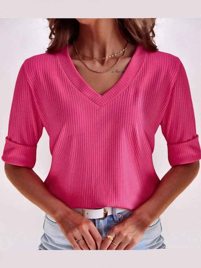 Plus Size & Curve Summer Casual V Neck Plain T-Shirt