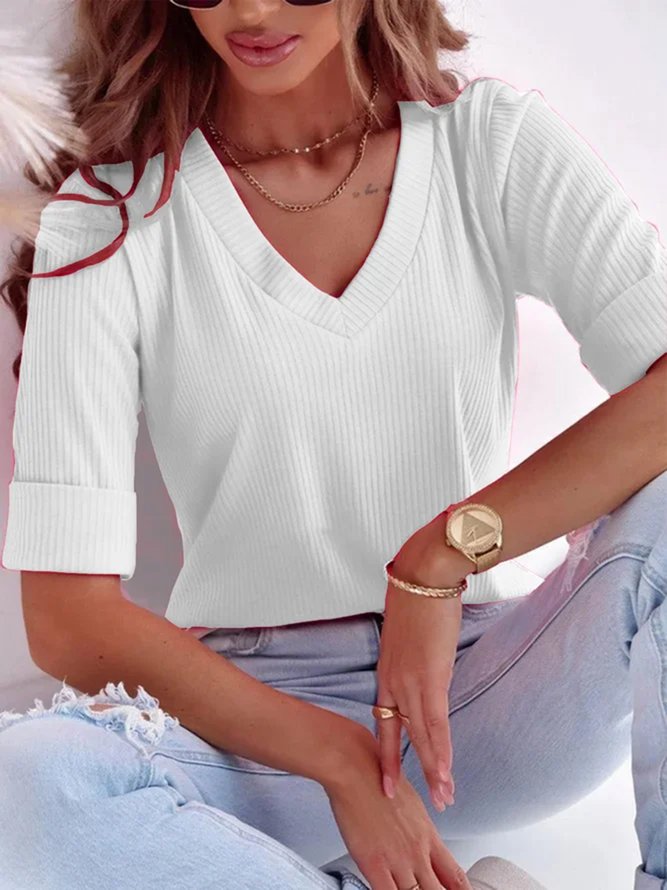 Plus Size & Curve Summer Casual V Neck Plain T-Shirt
