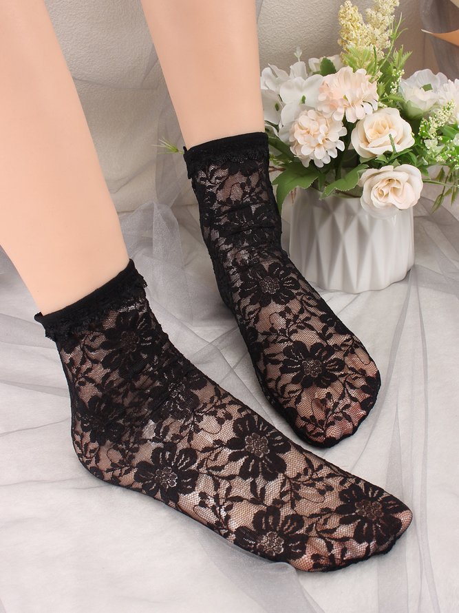 1pair Lace & Mesh Mid-calf Socks For Women