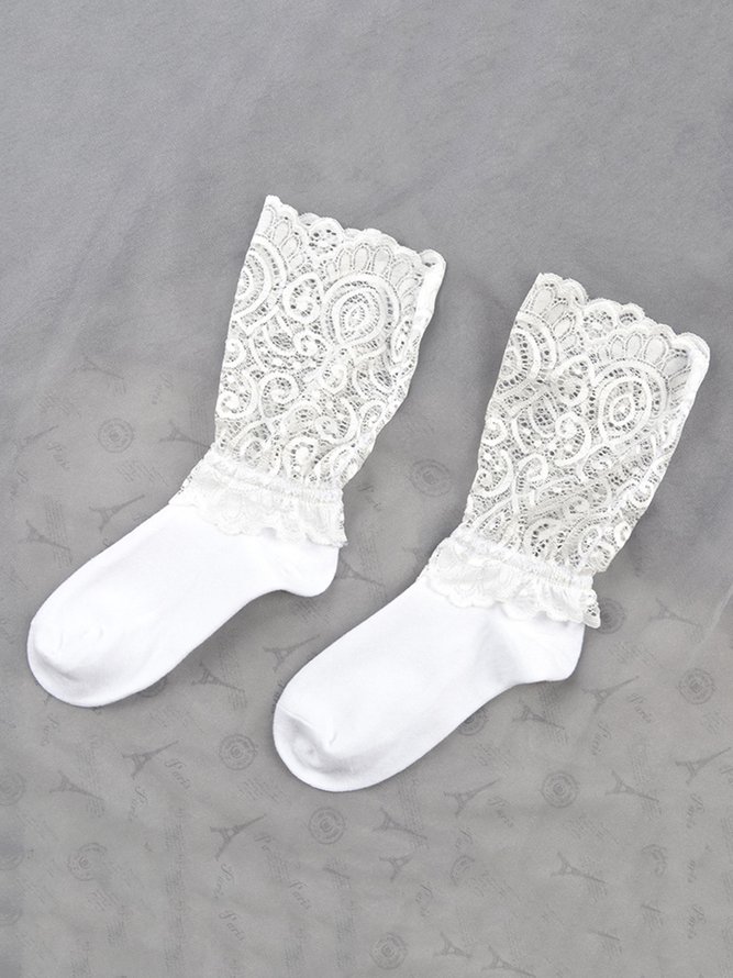1pair Lace & Mesh Mid-calf Socks For Women