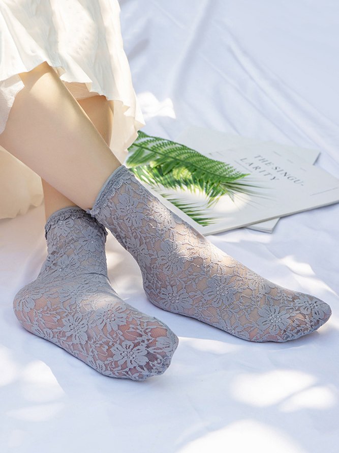 1pair Lace & Mesh Mid-calf Socks For Women