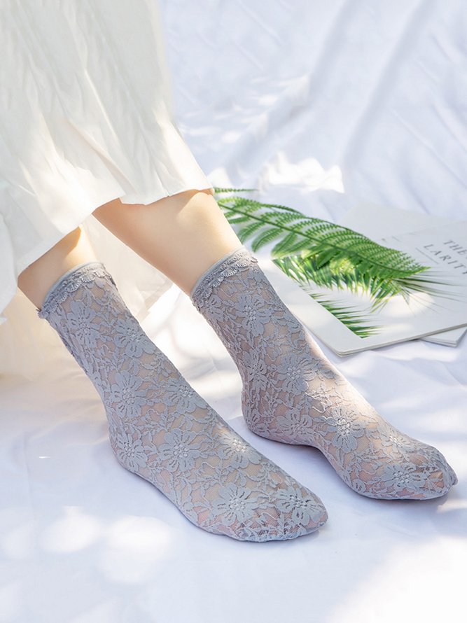 1pair Lace & Mesh Mid-calf Socks For Women