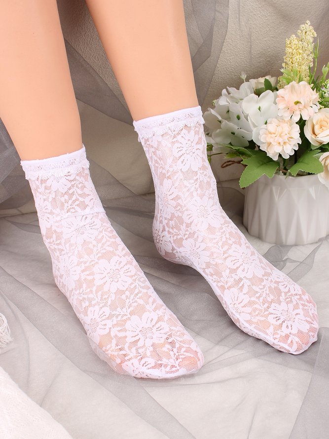 1pair Lace & Mesh Mid-calf Socks For Women