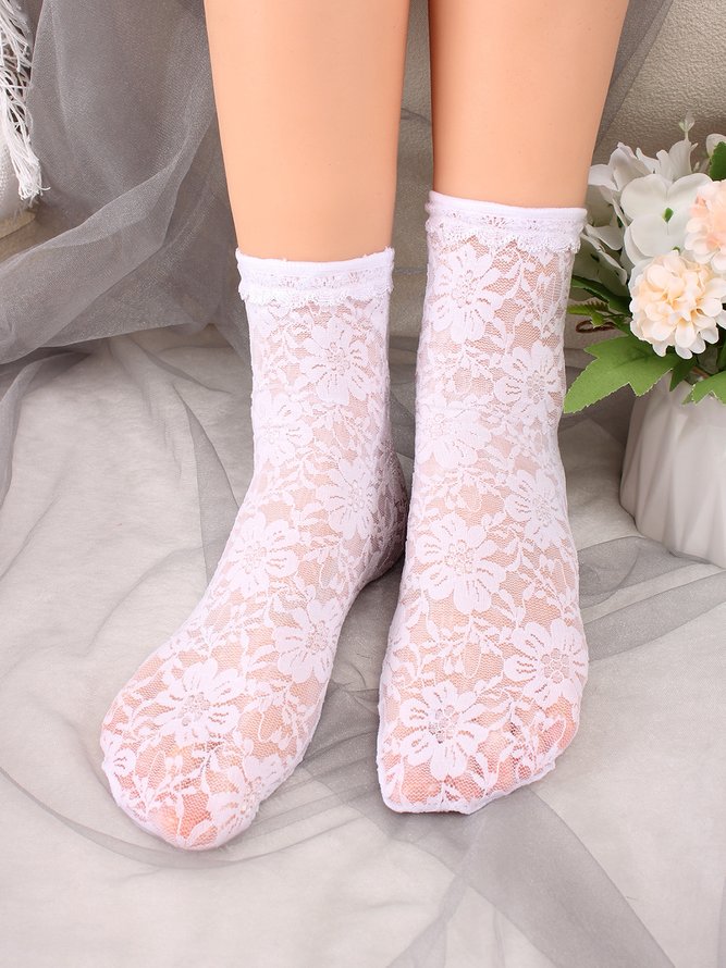 1pair Lace & Mesh Mid-calf Socks For Women
