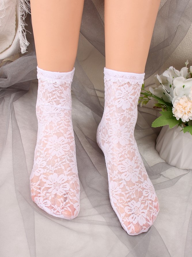 1pair Lace & Mesh Mid-calf Socks For Women