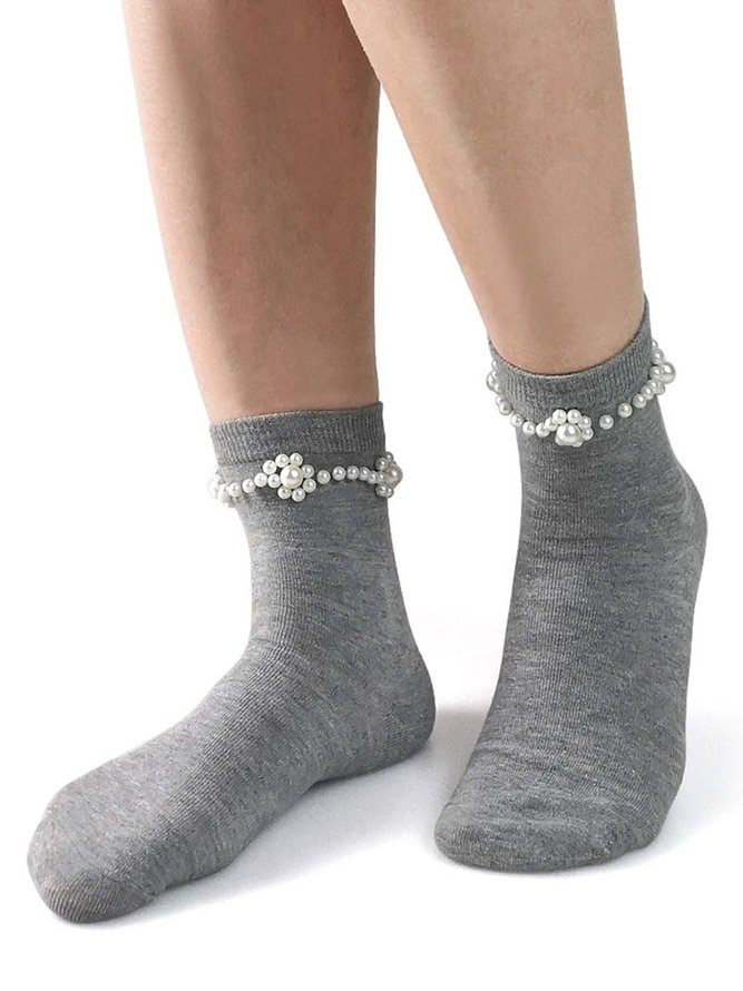 Floral Imitation Pearls Over the Calf Socks