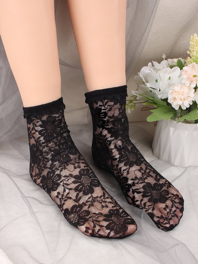 1pair Lace & Mesh Mid-calf Socks For Women