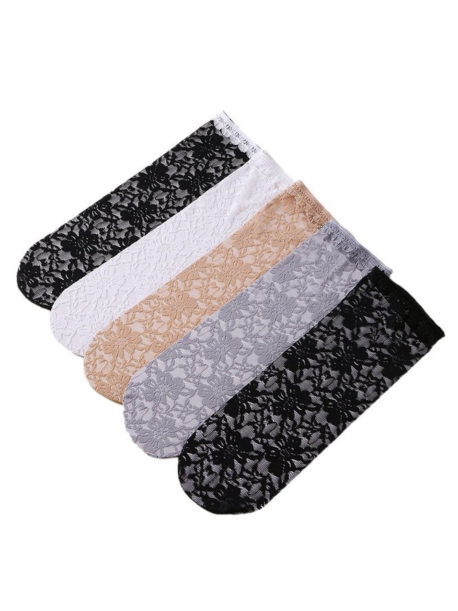1pair Lace & Mesh Mid-calf Socks For Women