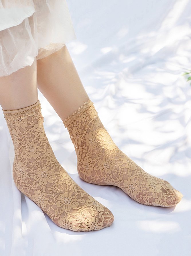 1pair Lace & Mesh Mid-calf Socks For Women