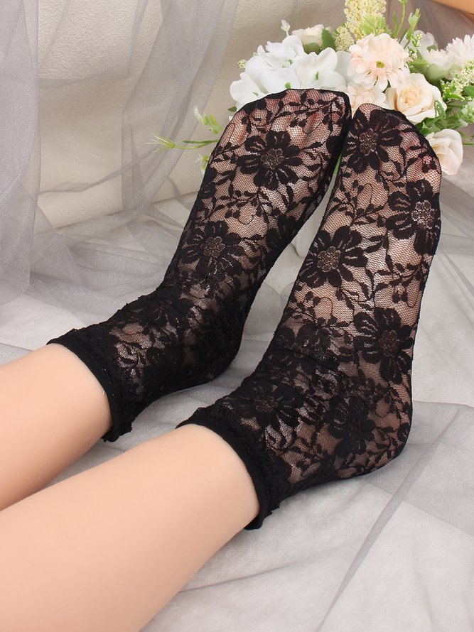 1pair Lace & Mesh Mid-calf Socks For Women