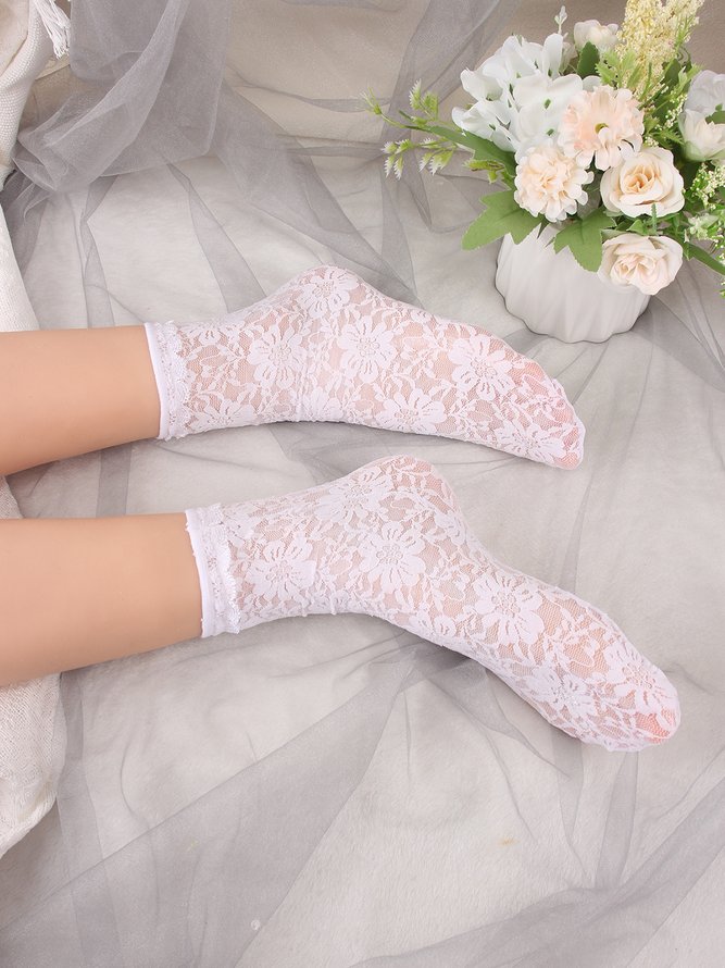 1pair Lace & Mesh Mid-calf Socks For Women