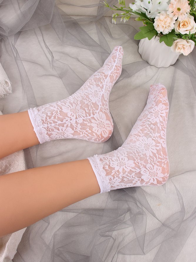 1pair Lace & Mesh Mid-calf Socks For Women