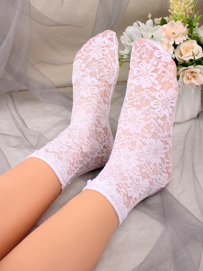 1pair Lace & Mesh Mid-calf Socks For Women