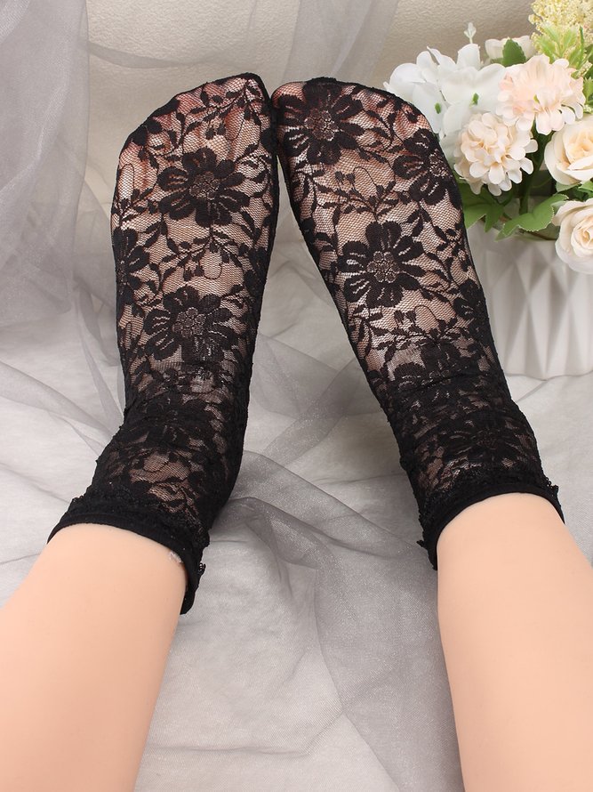 1pair Lace & Mesh Mid-calf Socks For Women