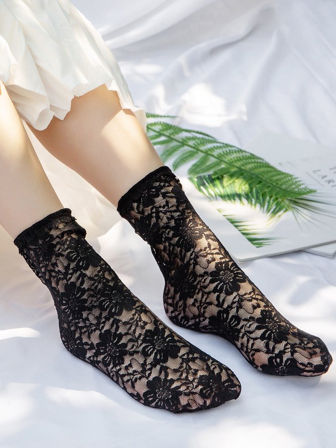 1pair Lace & Mesh Mid-calf Socks For Women