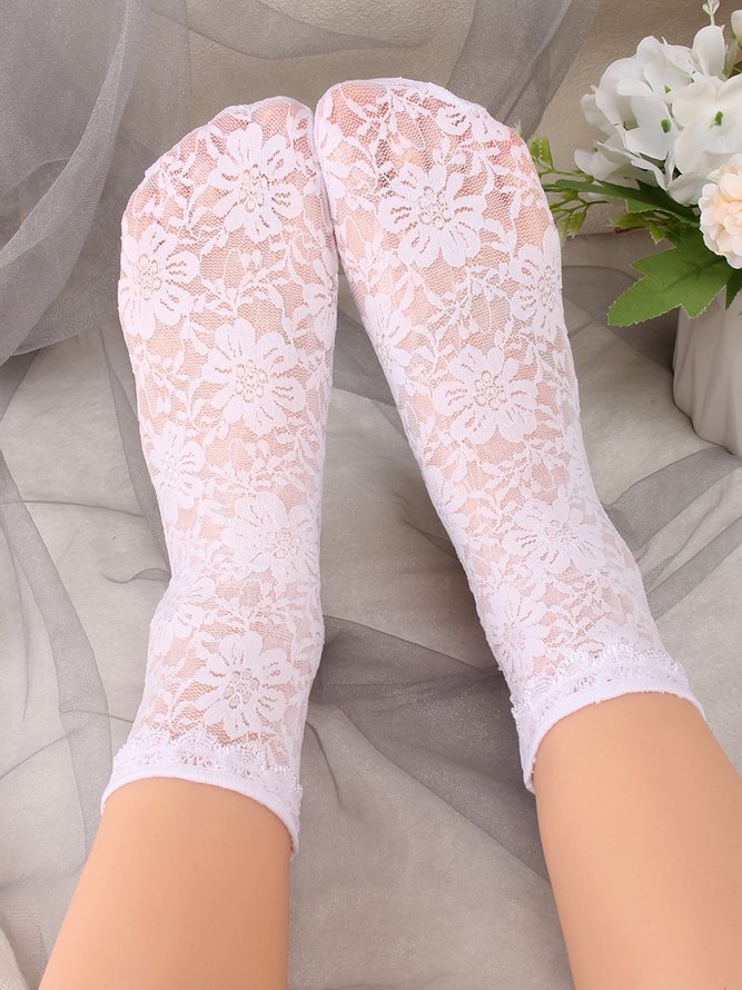 1pair Lace & Mesh Mid-calf Socks For Women