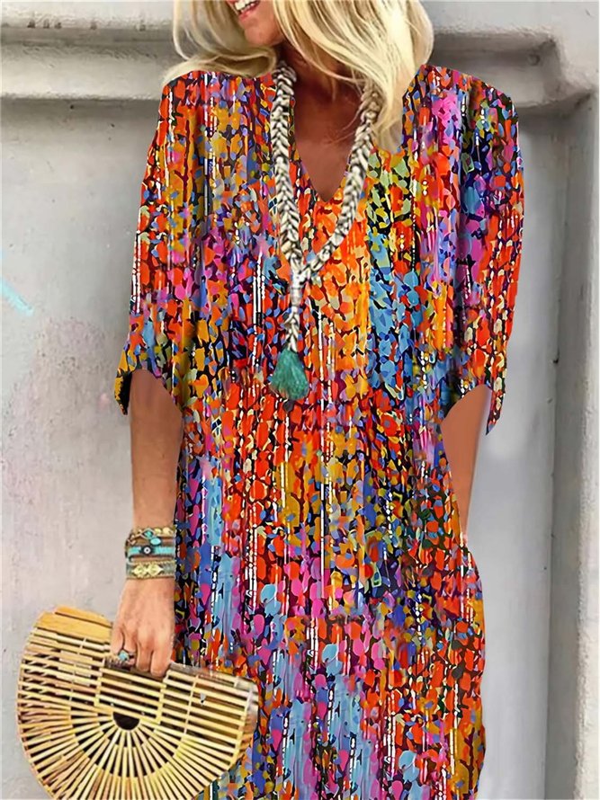 Gradient Pattern Casual V Neck Loose Dress