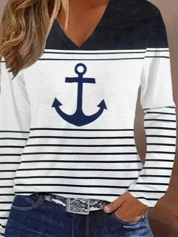 Loose Striped Casual V Neck Plus Size T-Shirt
