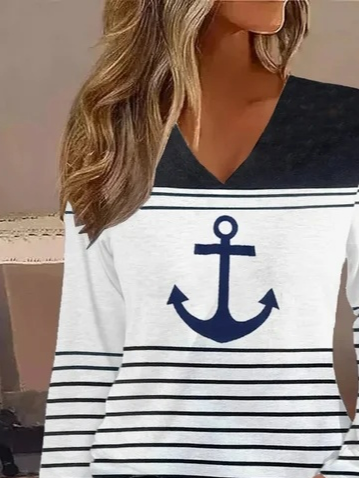 Loose Striped Casual V Neck Plus Size T-Shirt