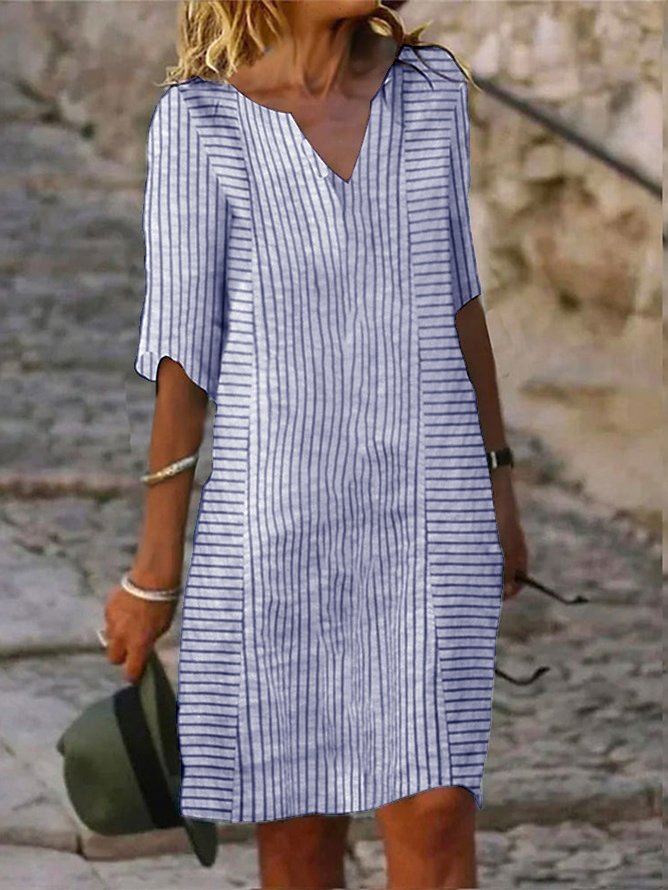 Casual V Neck Loose Striped Dress With No