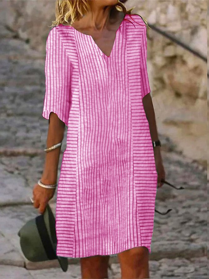 Casual V Neck Loose Striped Dress With No