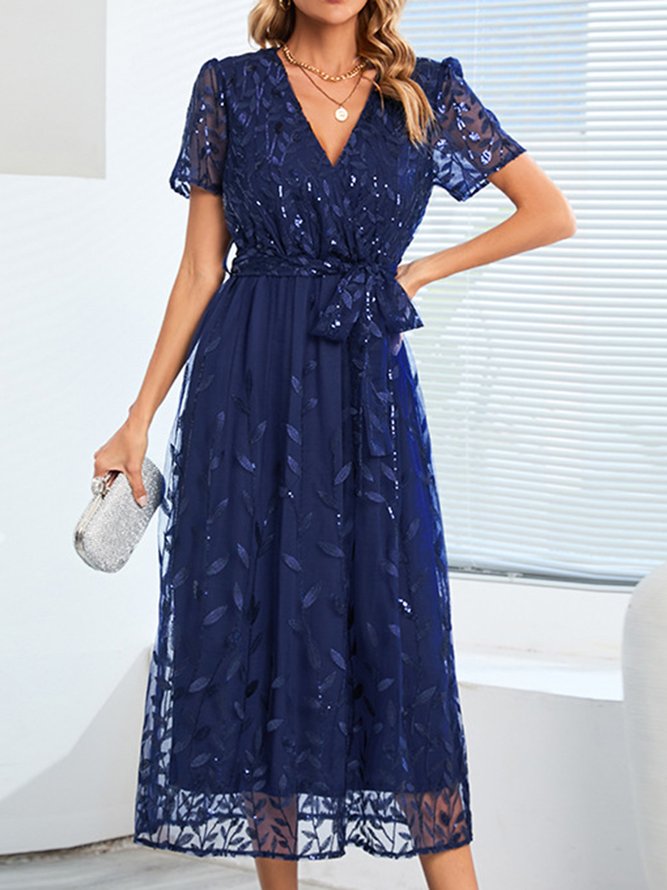Regular Sleeve Party Loose Crew Neck Wedding Dress With Belt