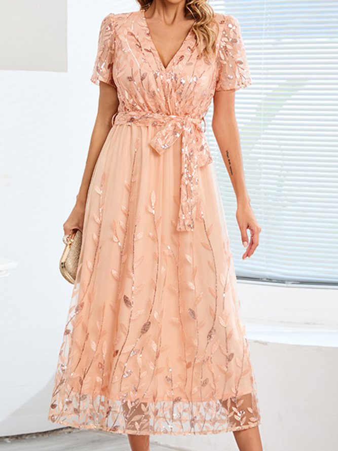 Regular Sleeve Party Loose Crew Neck Wedding Dress With Belt
