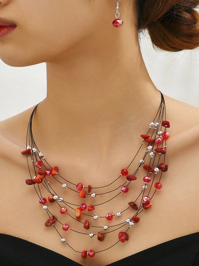 Boho Turquoise Beads Layered Necklace Earrings Set