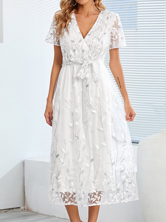 Regular Sleeve Party Loose Crew Neck Wedding Dress With Belt