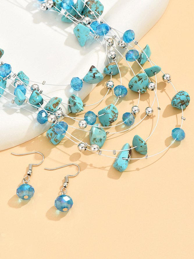 Boho Turquoise Beads Layered Necklace Earrings Set