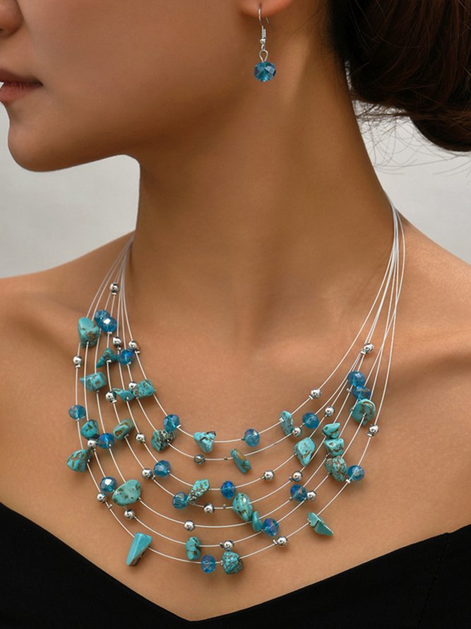 Boho Turquoise Beads Layered Necklace Earrings Set